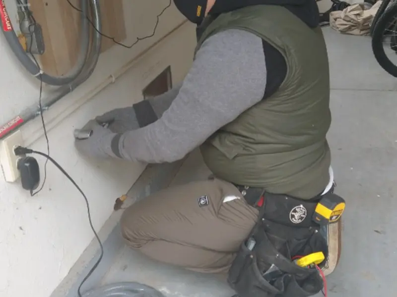 Electrician performing outlet wiring in a Dickinson garage
